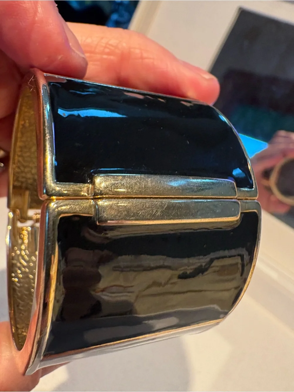 Vintage Banana Republic Signed Bracelet Black Gold Bangle Wide 2 1/2” Opening